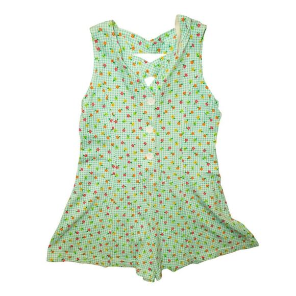 Vintage Rachel’s Kids Girls Floral Gingham Romper  S 7/8 Green Criss Cross Back - Picture 2 of 5